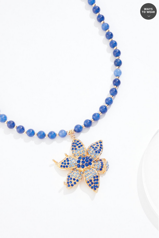 Cato Fashions Blue Glass Embellished Flower Necklace