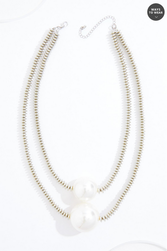 Cato Fashions Oversized Pearl Layered Silver Disc Chain Necklace