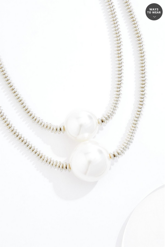 Cato Fashions Oversized Pearl Layered Silver Disc Chain Necklace