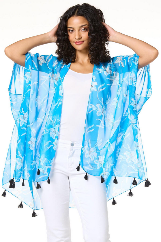 Cato Fashions Tasseled Blue Floral Kimono