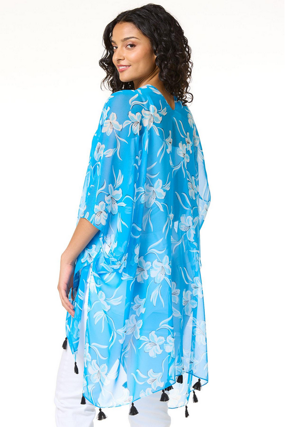 Cato Fashions Tasseled Blue Floral Kimono