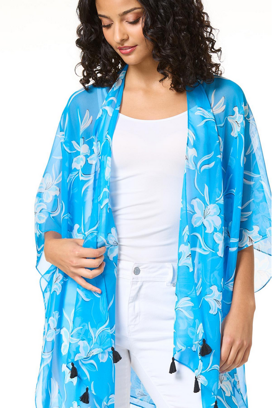Cato Fashions Tasseled Blue Floral Kimono