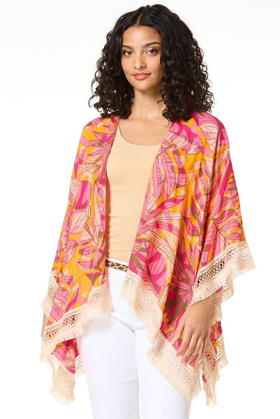 Cato Fashions Tropical Leaf Crochet Trim Kimono