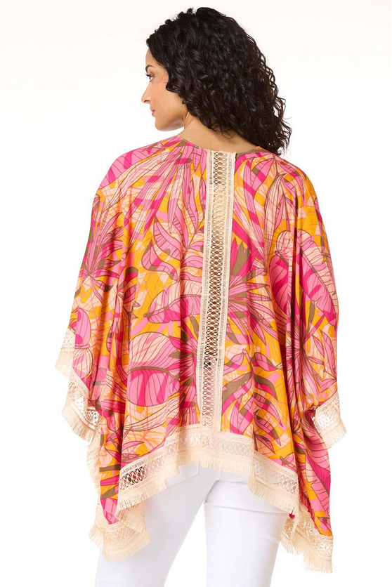 Cato Fashions Tropical Leaf Crochet Trim Kimono