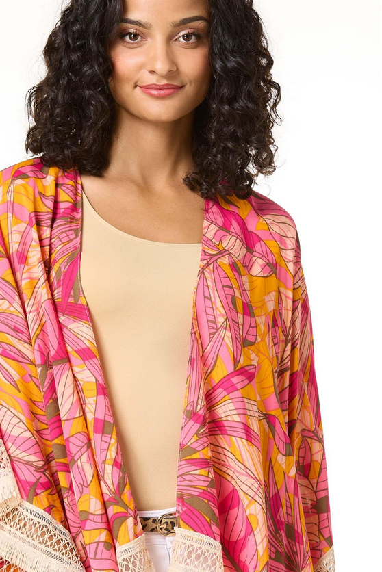 Cato Fashions Tropical Leaf Crochet Trim Kimono