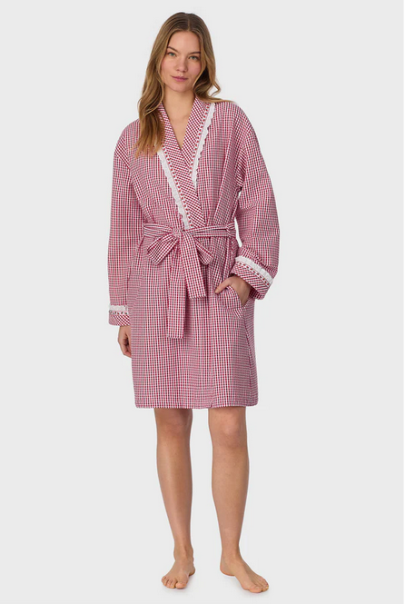 Lanz of Salzburg Women's Picnic Plaid Seersucker Yarndye Check Short Wrap Robe