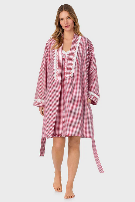 Lanz of Salzburg Women's Picnic Plaid Seersucker Yarndye Check Short Wrap Robe