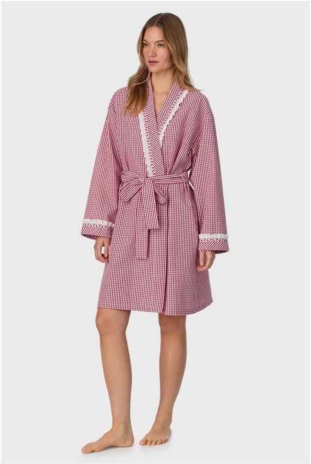 Lanz of Salzburg Women's Picnic Plaid Seersucker Yarndye Check Short Wrap Robe