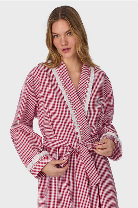 Lanz of Salzburg Women's Picnic Plaid Seersucker Yarndye Check Short Wrap Robe