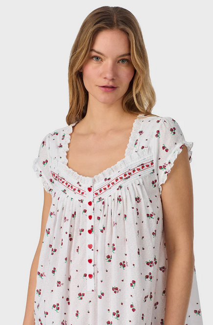 Lanz of Salzburg Women's Strawberry Jubilee Cotton Lawn Cap Sleeve Long Nightgown