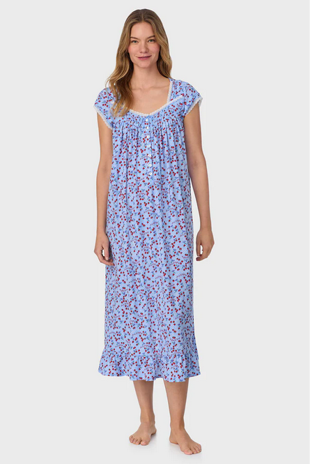 Lanz of Salzburg Women's Blue Skies & Berries Cotton Knit Long Nightgown