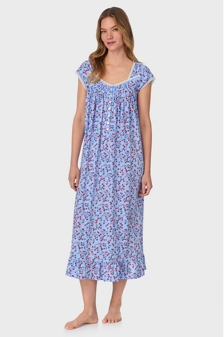Lanz of Salzburg Women's Blue Skies & Berries Cotton Knit Long Nightgown