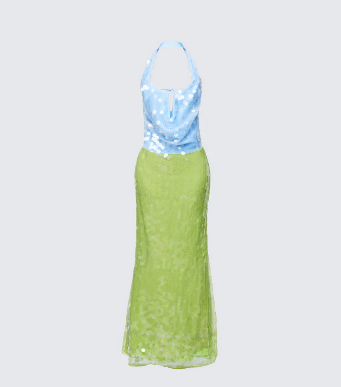 Finesse Zelda Blue Sequin Cowl Neck Maxi Dress