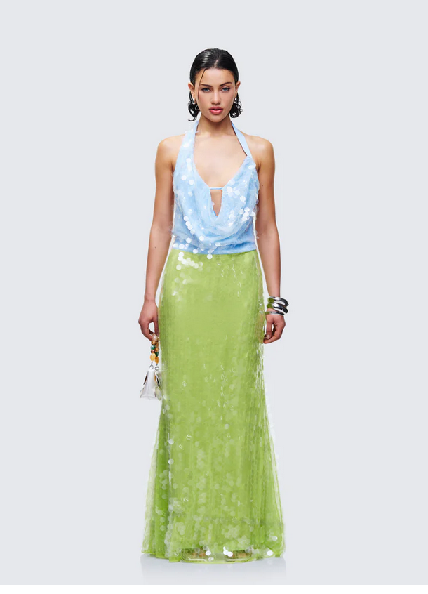 Finesse Zelda Blue Sequin Cowl Neck Maxi Dress