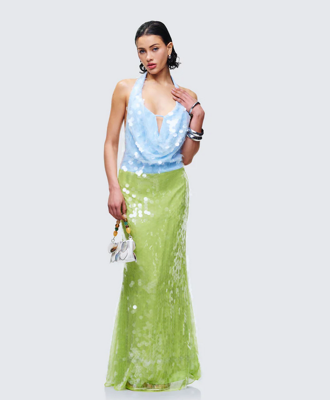 Finesse Zelda Blue Sequin Cowl Neck Maxi Dress