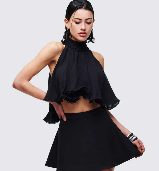 Finesse Melva Black Georgette Ruffle Trim Top