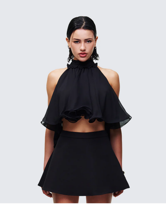 Finesse Melva Black Georgette Ruffle Trim Top