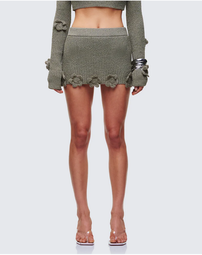 Finesse Jordan Green Knit Flower Hem Mini Skirt