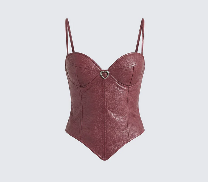 Finesse Sway Burgundy Leather Look Gold Trim Corset Top