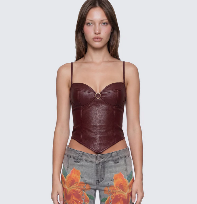 Finesse Sway Burgundy Leather Look Gold Trim Corset Top