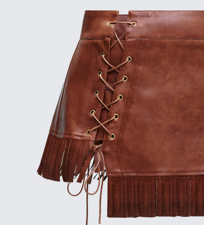 Finesse Breya Brown Vegan Leather Fringe Skirt