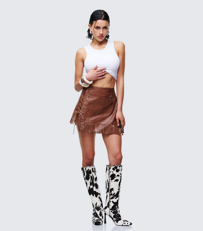 Finesse Breya Brown Vegan Leather Fringe Skirt
