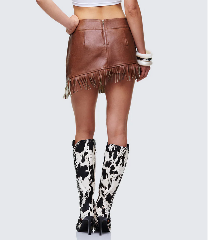 Finesse Breya Brown Vegan Leather Fringe Skirt