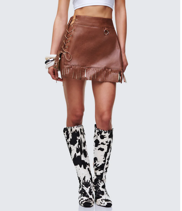 Finesse Breya Brown Vegan Leather Fringe Skirt