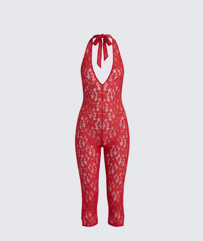 Finesse Isabel Red Lace Capri Jumpsuit