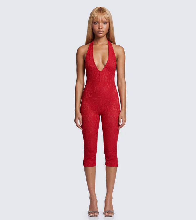 Finesse Isabel Red Lace Capri Jumpsuit