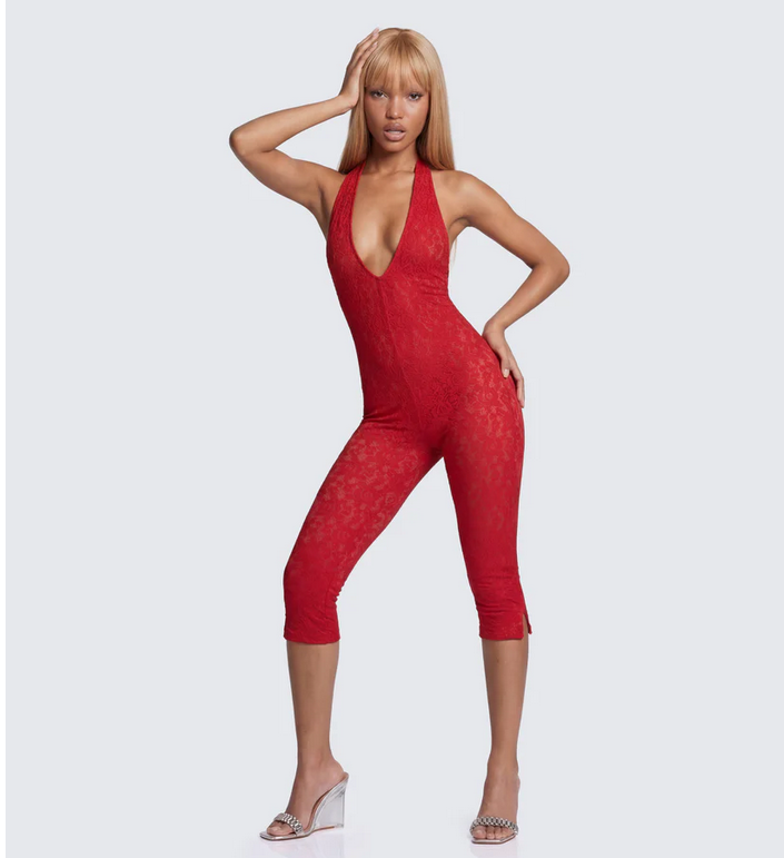 Finesse Isabel Red Lace Capri Jumpsuit
