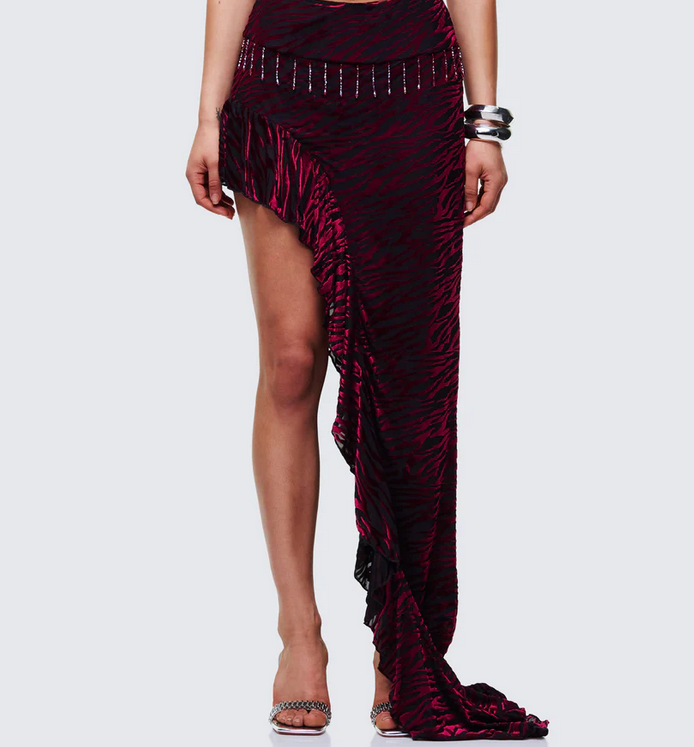 Finesse Kira Red Velvet Burn Out Beaded Maxi Skirt