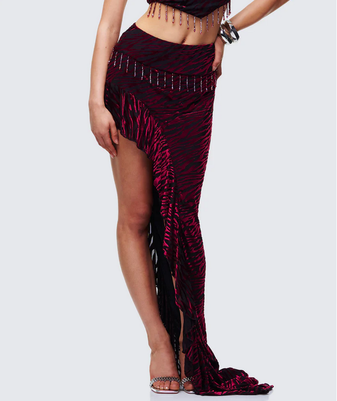 Finesse Kira Red Velvet Burn Out Beaded Maxi Skirt