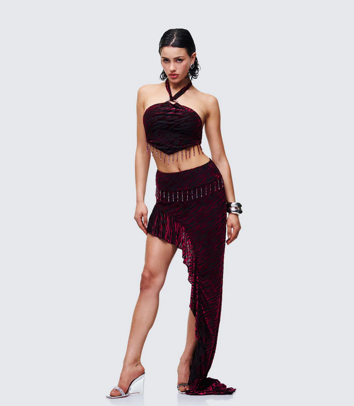 Finesse Kira Red Velvet Burn Out Beaded Maxi Skirt