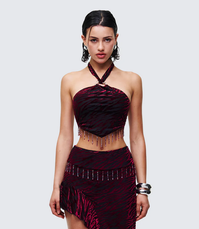 Finesse Kira Red Velvet Burn Out Beaded Top
