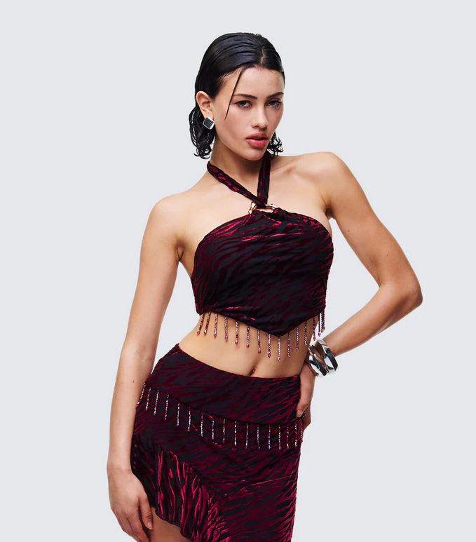 Finesse Kira Red Velvet Burn Out Beaded Top
