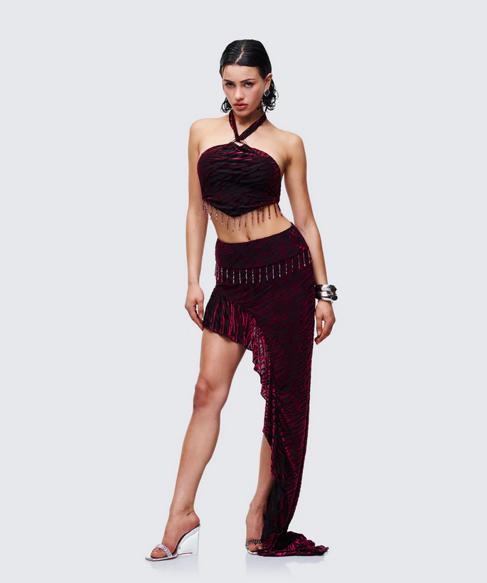 Finesse Kira Red Velvet Burn Out Beaded Top
