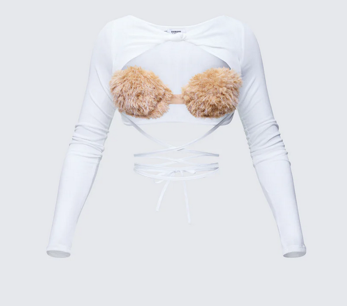 Finesse Eyra White Mesh Faux Fur Bust Wrap Top