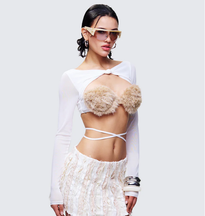 Finesse Eyra White Mesh Faux Fur Bust Wrap Top