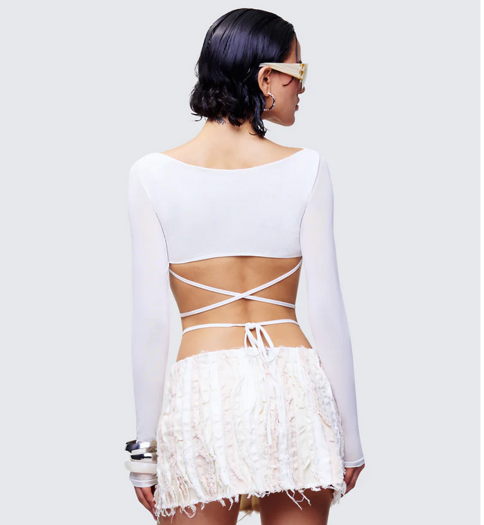 Finesse Eyra White Mesh Faux Fur Bust Wrap Top