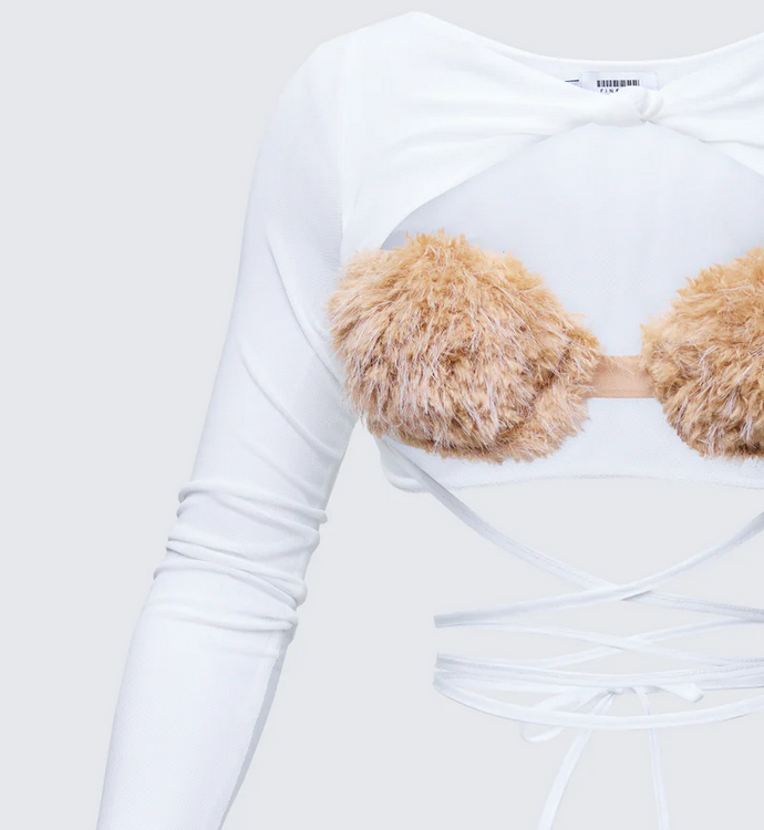 Finesse Eyra White Mesh Faux Fur Bust Wrap Top