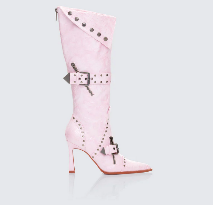 Finesse Talyah Pink Burnished Knee High Biker Boots