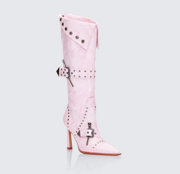 Finesse Talyah Pink Burnished Knee High Biker Boots