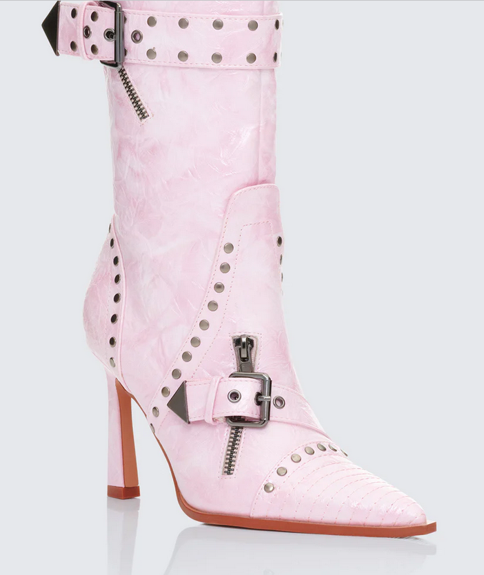 Finesse Talyah Pink Burnished Knee High Biker Boots