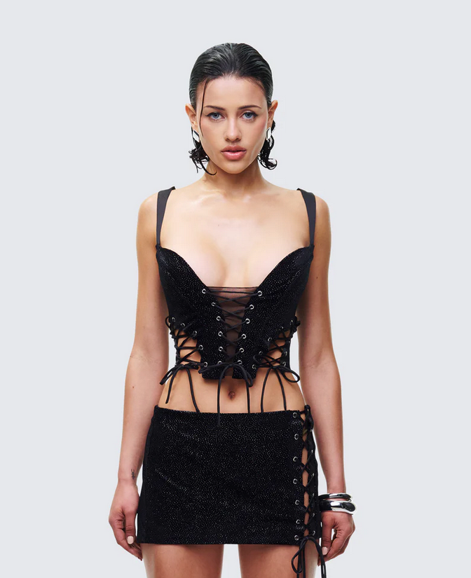 Finesse Ginan Black Glitter Velvet Corset Top