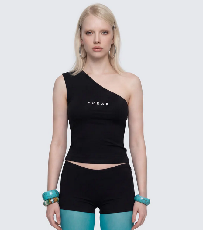 Finesse Mei Black One Shoulder Graphic Top