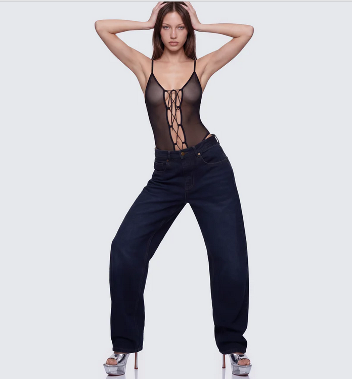 Finesse Autumn Black Mesh Lace Up Bodysuit