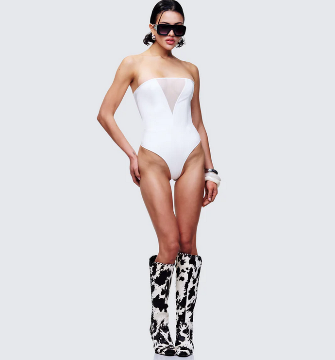 Finesse Rilena White Vegan Leather Strapless Bodysuit