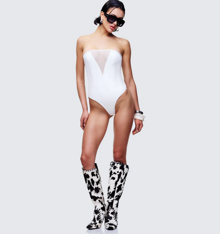 Finesse Rilena White Vegan Leather Strapless Bodysuit