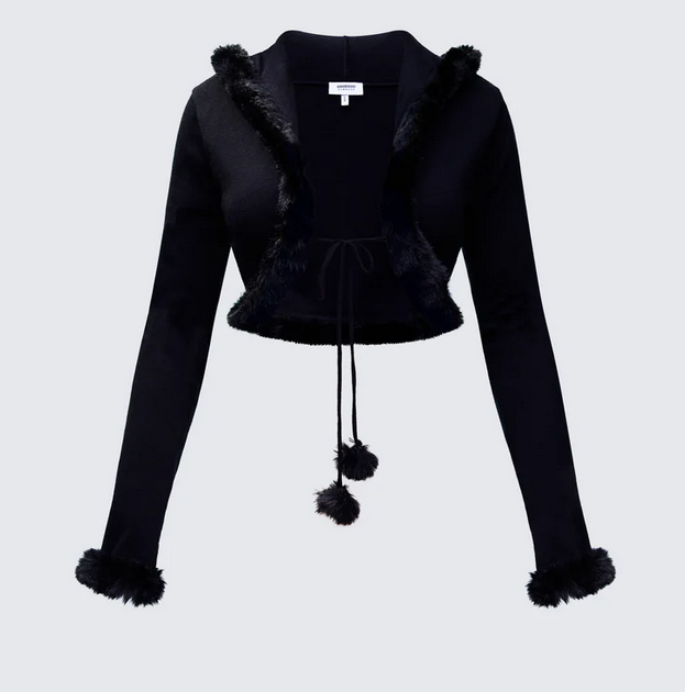 Finesse Shoshana Black Fur Trimmed Bow Tied Cardigan